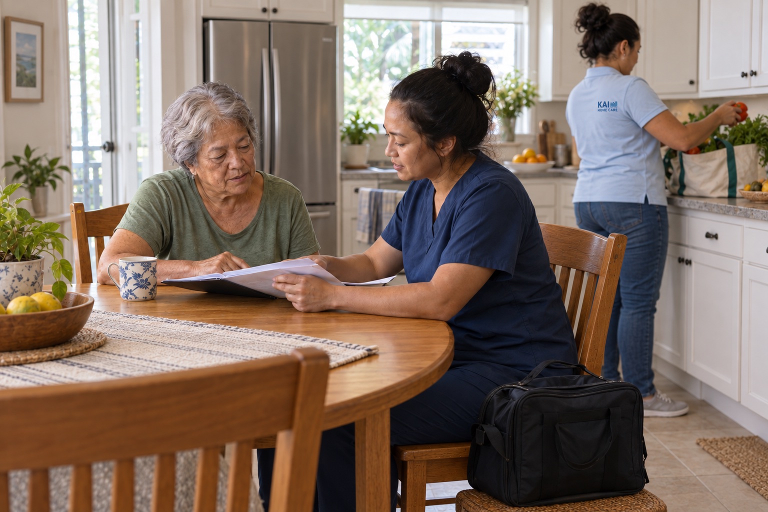 Illustrative scene of an older woman reviewing a folder with a clinician while another adult puts away groceries.