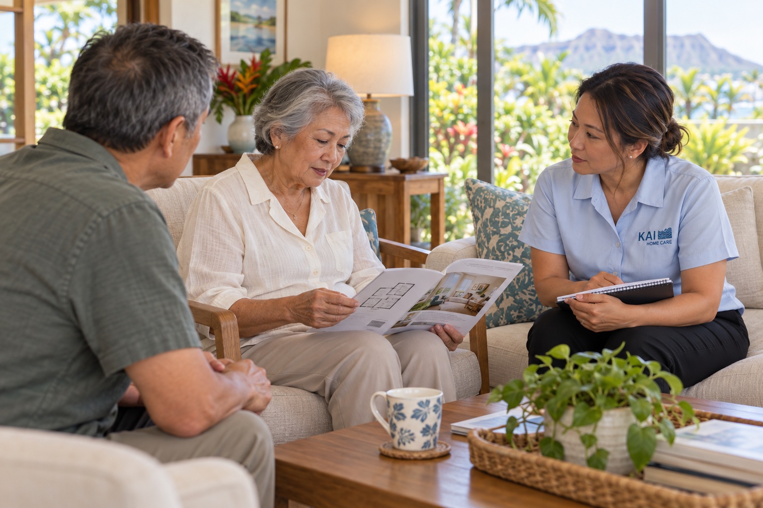 Illustrative scene of an older woman reviewing an apartment brochure with a family member and a Kai care coordinator in a living room.
