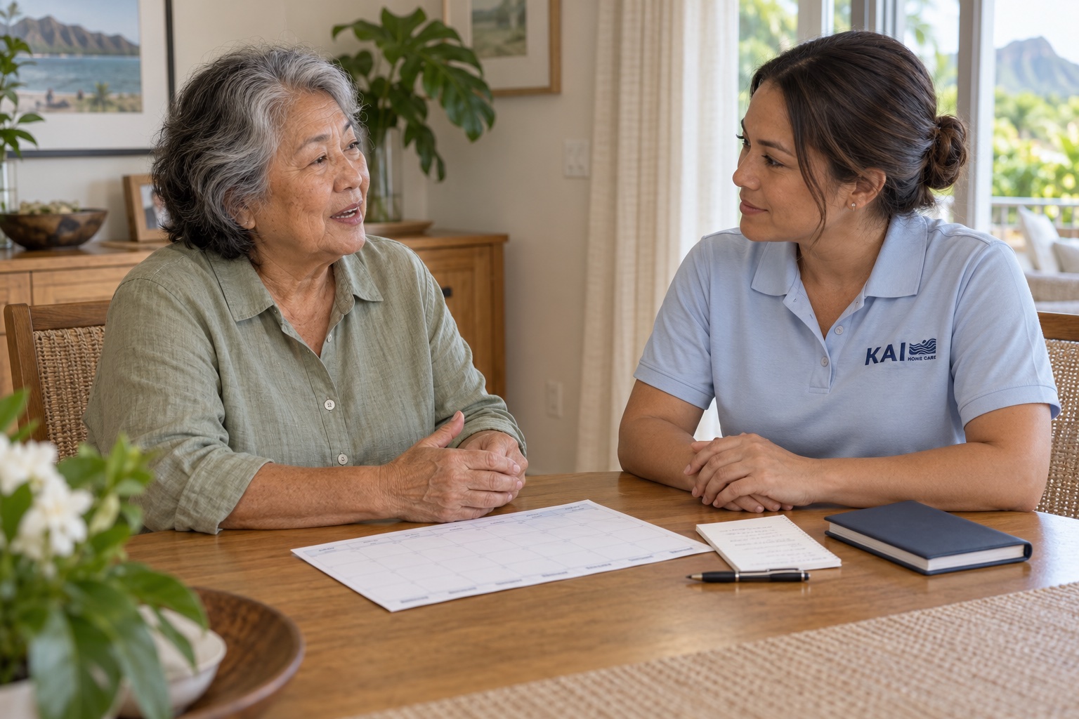 Illustrative scene of an older woman speaking with a Kai care coordinator at a dining table with a calendar and preparation notes.
