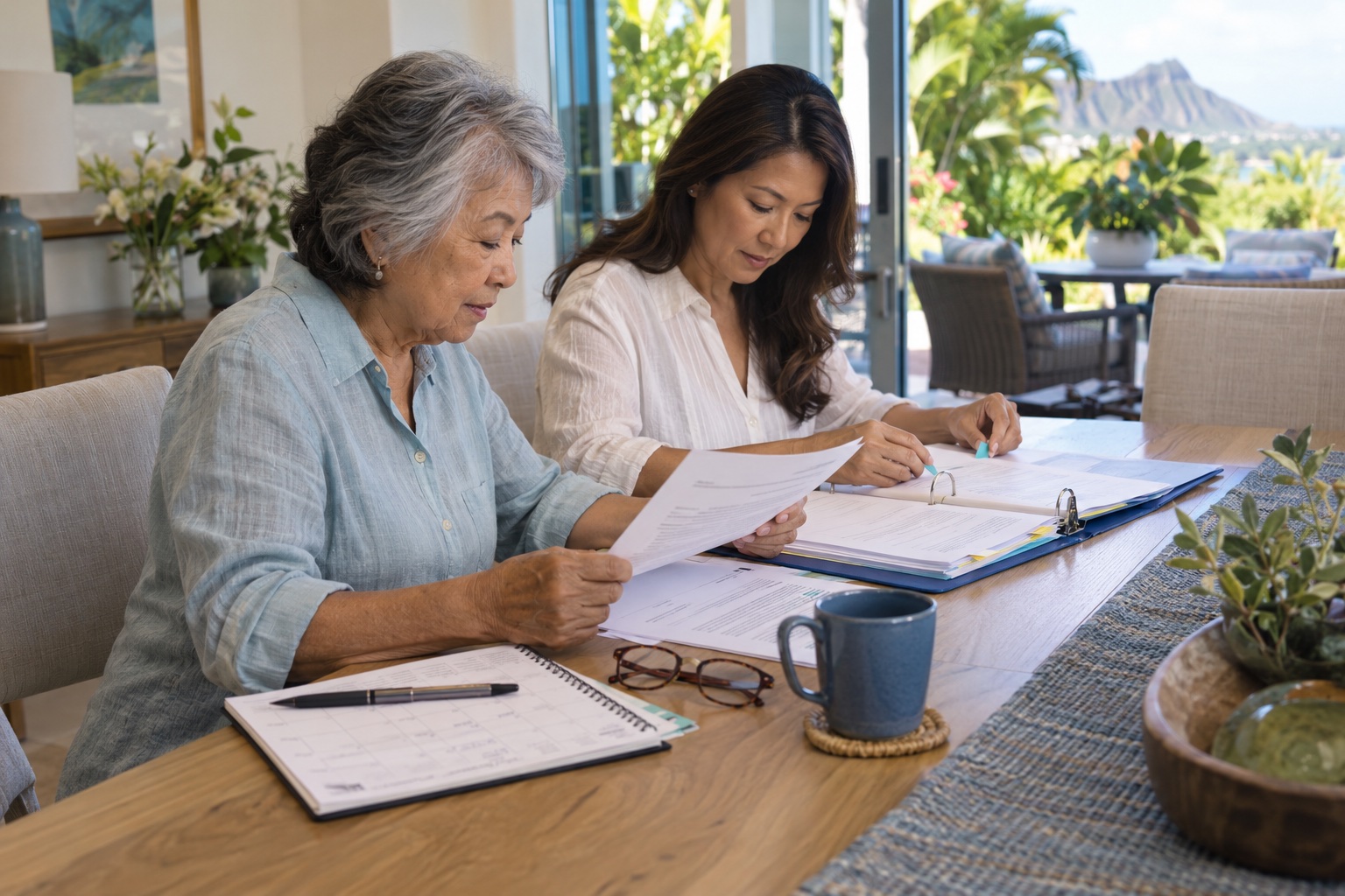 Illustrative scene of an older woman and her adult daughter reviewing a policy binder and calendar at home.