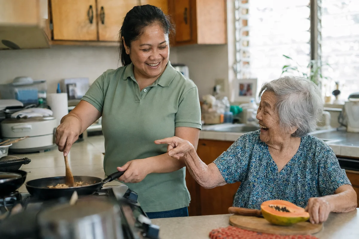 A caregiver and kupuna cooking together in a bright kitchen