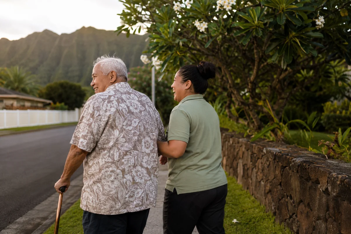 A caregiver and older man on a morning walk in the neighborhood